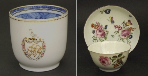 English hard paste replacement of a Qianlong cup, made 1790-1815, and a Qianlong tea bowl (1750) decorated in London1755/6 with matching Longton Hall saucer, 1758 - courtesy R&G McPherson Antiques
